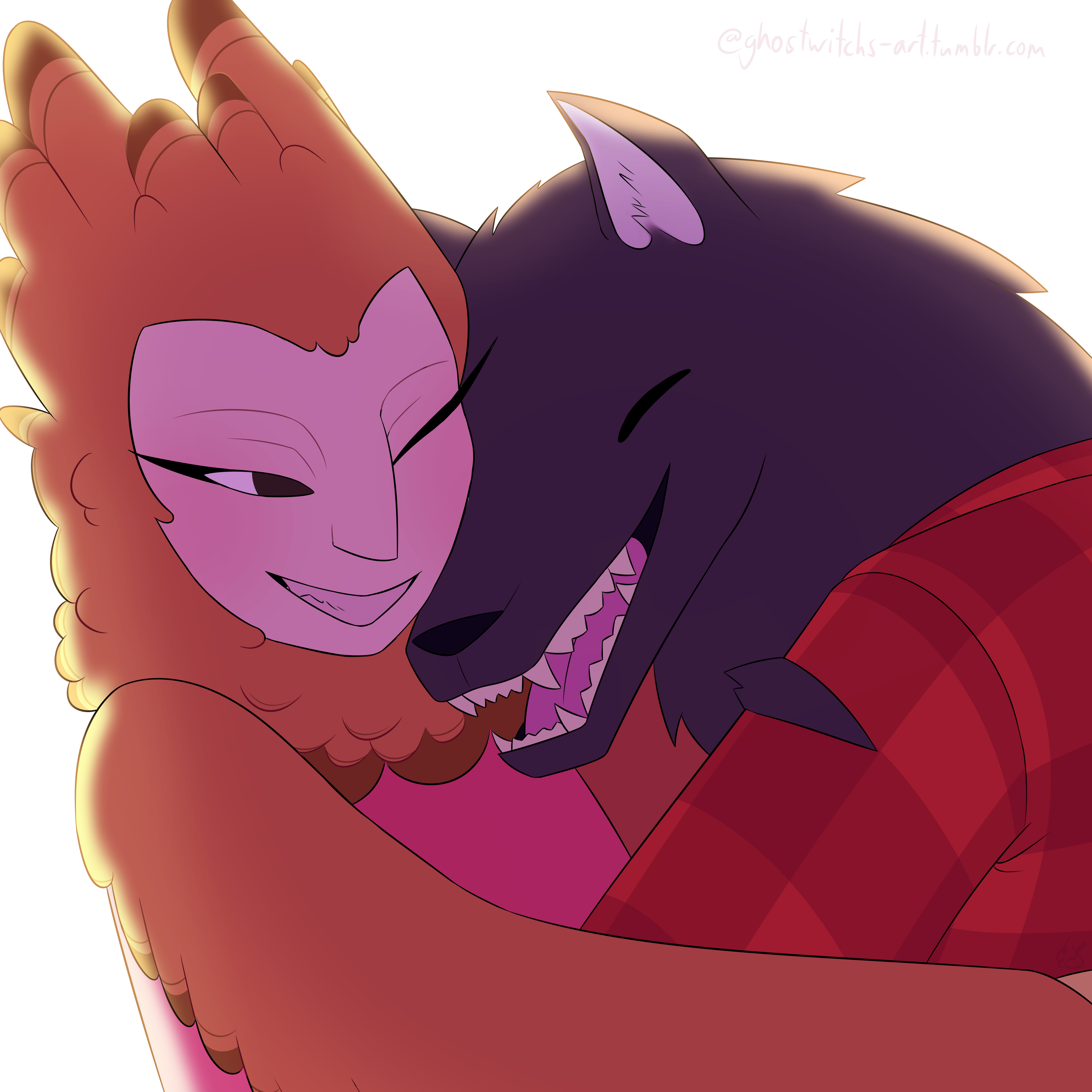 A lightly shaded painting of Valentine and Hunter hugging eachother affectionately.